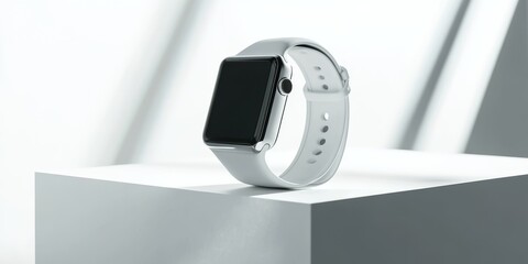 Sleek White Smartwatch Displayed on a Minimalist Platform with Soft Shadows