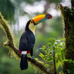 Obraz premium A towering toucan perched on a tree branch, surrounded by lush, green foliage in a vibrant tropical forest The toucan's distinctive beak, a blend