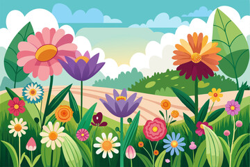 Fototapeta premium A Vibrant Garden with Blooming Flowers and Green Grass