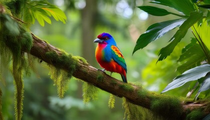 Obraz premium A vibrant bird perches on a tree branch against a backdrop of a lush, green-yellow forest adorned with foliage