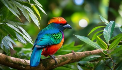 Obraz premium A vibrant bird perches on a tree branch against a backdrop of a lush, green-yellow forest adorned with foliage