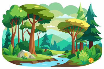 Naklejka premium Lush Forest Landscape with Winding River and Tall Trees