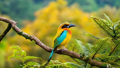 A vibrant bird perches on a forest branch, backdropped by haloed trees casting bokeh with their soft, scattered light