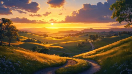 Sunset Over Rolling Hills with Winding Road and Fields of Grass