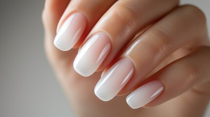 Elegant close-up of glossy French ombre nails in pastel pink and white, stylish manicure