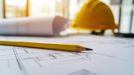 Construction Blueprints and Hard Hats on Architects&rsquo; Desk
