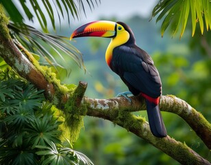 Fototapeta premium A vibrant toucan perches on a palm branch against a backdrop of lush tropical foliage and swaying palms