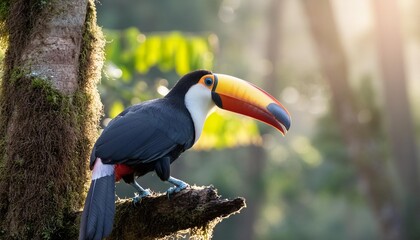Obraz premium A vibrant toucan perches on a palm branch against a backdrop of lush tropical foliage and swaying palms