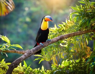 Fototapeta premium A vibrant toucan perches on a tree branch in a forest, with backdrop of soft light filtering through trees
