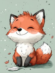 Cute Cartoon Fox Sitting on a Green Background