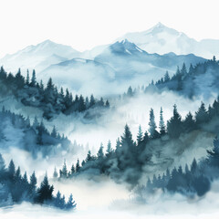 Fototapeta premium Watercolor Landscape of Snowy Mountains and Foggy Forest