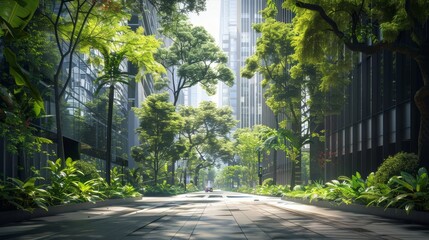 Lush green pathway in a modern city surrounded by tall buildings during daytime