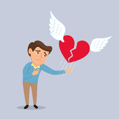 A man with a broken heart watching his heart flying away ,Cartoon character heartbroken man. Flat, Vector, Illustration, Cartoon, EPS10.   