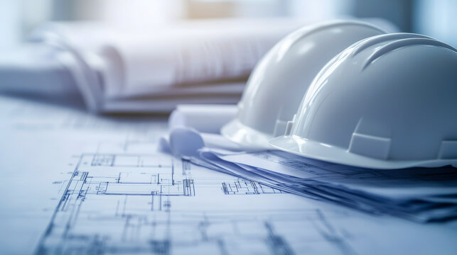 Construction Blueprints and Hard Hats on Architects’ Desk