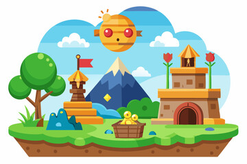 Obraz premium A Cartoon Fantasy Landscape with a Sun, Castle, Mountain, and Tree