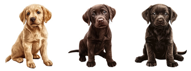 Obraz premium Set of puppy labrador retriever illustration in sitting poses, yellow chocolate and black color, isolate on transparent background