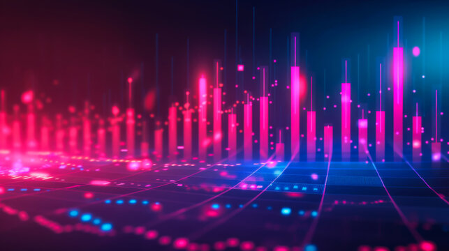 Close-up graph of financial investment and digital data trading. Bright virtual diagrams on a dark background. Growth or decline concept.