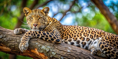 Naklejka premium Leopard resting peacefully on a tree branch in the wild, leopard, wildlife, tree, branch, nature, animal, predator, wild