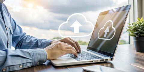 A man is typing on a laptop with a cloud symbol above him