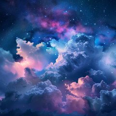 A Night Sky With Fluffy Clouds and a Cosmic Nebula