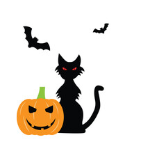 Black Halloween Cat with Pumpkin and Bats. Seasonal national holiday concept vector