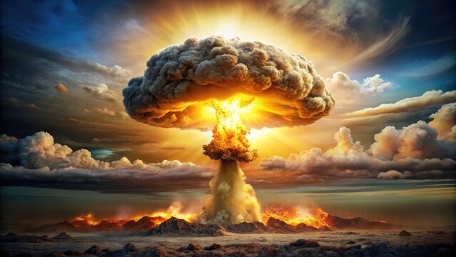 Destructive nuclear explosion with mushroom cloud , destruction, power, atomic bomb, disaster, explosion, catastrophe