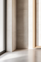 Interior design composition in beige colors with a large window providing natural lighting to the room interiors creating shadows. Minimalist interiors with minimal decoration.