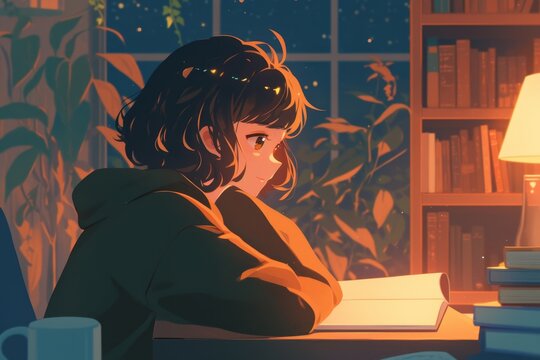 A girl studying and reading a book in a cozy room while it's nighttime, cozy and chill room environment, anime artwork
