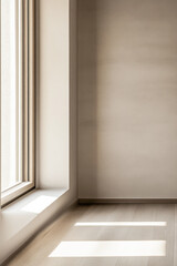 Fototapeta premium Interior design composition in beige colors with a large window providing natural lighting to the room interiors creating shadows. Minimalist interiors with minimal decoration.