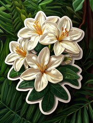 Obraz premium White Flowers with Green Leaves - Floral Illustration