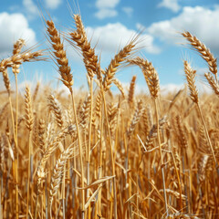 Fototapeta premium Golden Wheat Stalks in a Field Against a Blue Sky