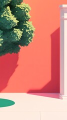 A vibrant red wall with a green tree casting a long shadow. A white pillar stands beside the tree, with a hint of a doorway. A small green circle is in the foreground.