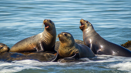 Fototapeta premium Group of Sea Lions Resting on Coastal Rocks by the Ocean