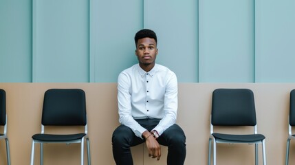 Nervous candidate sitting in a waiting area before a job interview.