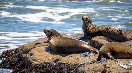 Fototapeta premium Group of Sea Lions Resting on Coastal Rocks by the Ocean
