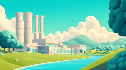 A cartoon illustration of a factory with large smokestacks next to a river and green hills.