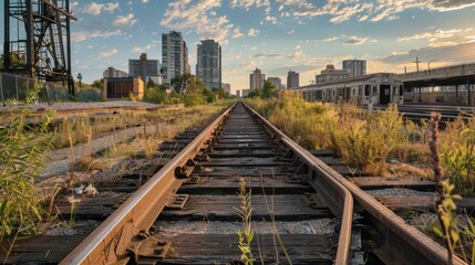Fototapeta premium A railroad track that starts in a rural field and transforms into a busy subway line as it enters the city