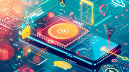 Obraz premium Abstract background. A modern smartphone is located on a technological matrix surrounded by symbols and icons. Concept of uniqueness, technology.
