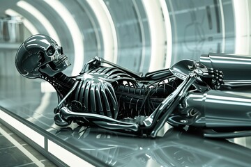 Obraz premium A futuristic scene with a metallic skeleton elegantly positioned its side, showcasing streamlined