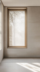 Interior design composition in beige colors with a large window providing natural lighting to the room interiors creating shadows. Minimalist interiors with minimal decoration.