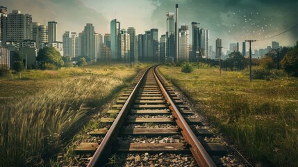 Fototapeta premium A railroad track that starts in a rural field and transforms into a busy subway line as it enters the city