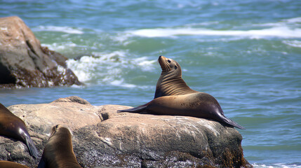 Fototapeta premium Group of Sea Lions Resting on Coastal Rocks by the Ocean