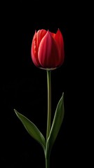 Obraz premium A striking red tulip with vibrant petals and green leaves, symbolizing beauty and elegance against a dark background.