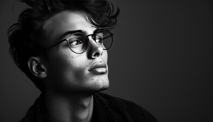 A high-resolution black and white portrait of a stylish young man with glasses, where the absence