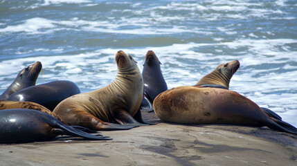 Fototapeta premium Group of Sea Lions Resting on Coastal Rocks by the Ocean
