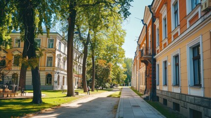 Fototapeta premium Picturesque university campus with historic buildings and modern facilities.