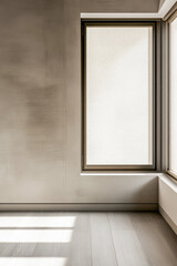 Interior design composition in beige colors with a large window providing natural lighting to the room interiors creating shadows. Minimalist interiors with minimal decoration.