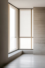 Interior design composition in beige colors with a large window providing natural lighting to the room interiors creating shadows. Minimalist interiors with minimal decoration.