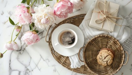A high-resolution flat lay of a wicker tray with peonies, a coffee cup, cookies, and a gift box