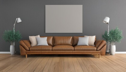 Living room interior wall mockup in minimalist style with a bamboo console, Moroccan pouf on empty warm white background. 3d rendering, 3d illustration
